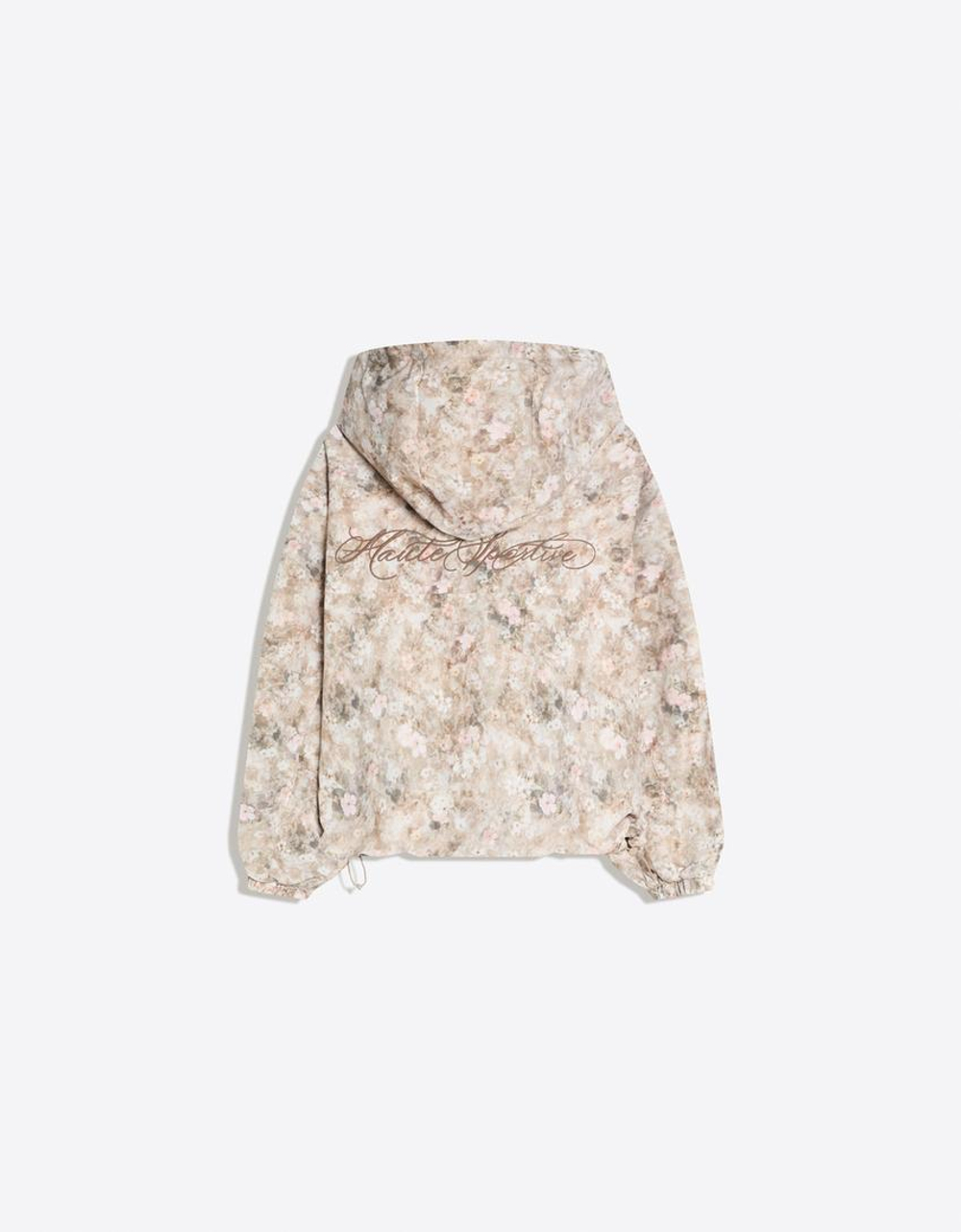 BERSHKA Водонепроницаемая и ветрозащитная куртка с капюшоном и принтом, бежевый