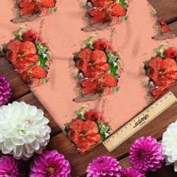 Ткань ниагара красные цветы на оранжевом фоне