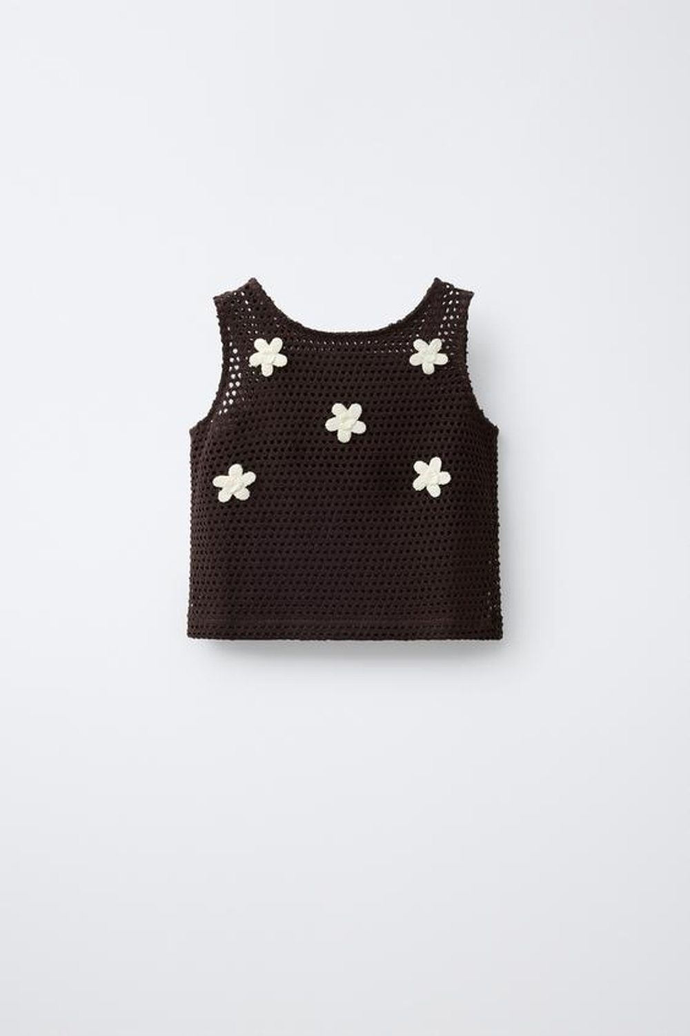 ZARA ТОП ИЗ КРУЖЕВА КРОШЕ С ЦВЕТАМИ, КОРИЧНЕВЫЙ