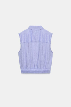ZARA ТОП ИЗ СМЕСОВОГО ЛЬНА С КОНТРАСТНОЙ СТРОЧКОЙ, ГОЛУБОЙ