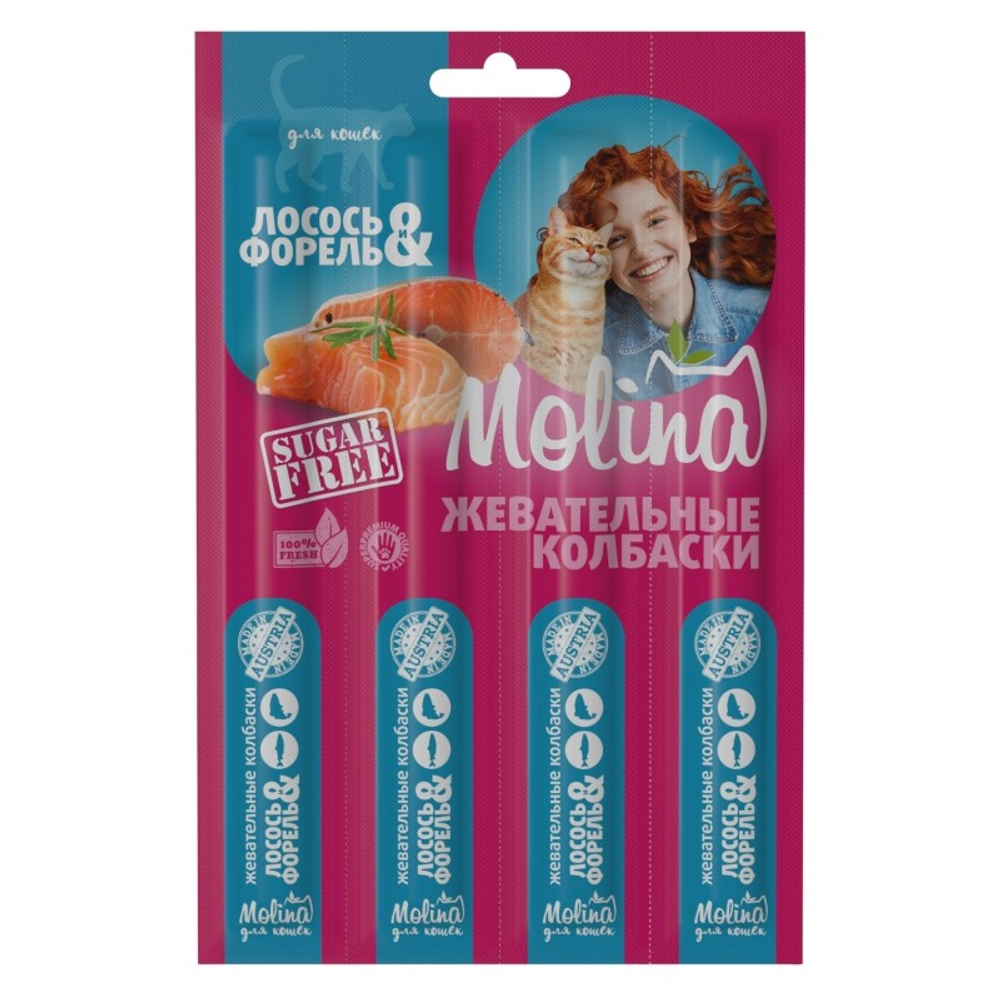Колбаски Molina Healthy Skin&Shiny Coat жевательные Лосось/форель для кошек 20 г