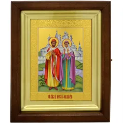Рукописная икона Святых Петра и Февронии Муромских в киоте