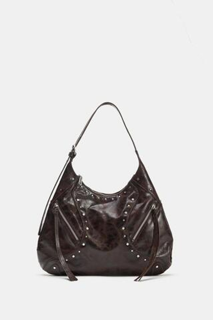 ZARA ПЛЕЧЕВАЯ СУМКА С ЗАКЛЕПКАМИ, ШОКОЛАДНЫЙ