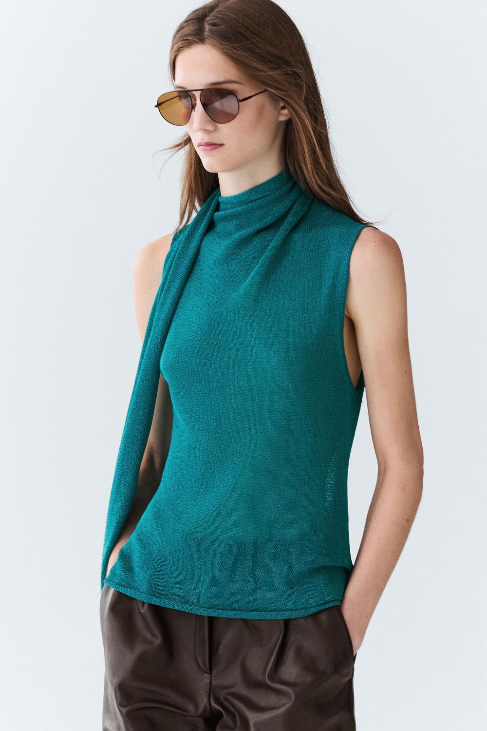 Massimo Dutti Топ с высоким воротником и шарфом, бирюзовый