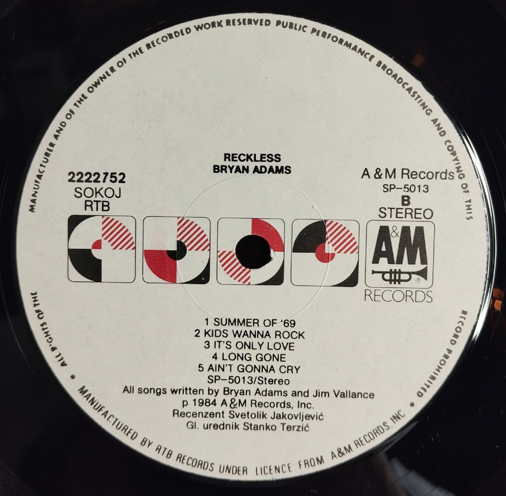 Винтажная виниловая пластинка LP Bryan Adams Reckless (Югославия 1984)