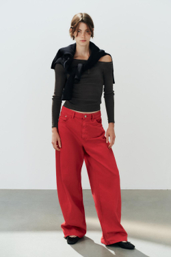 ZARA ДЖИНСЫ TRF BAGGY ОВЕРСАЙЗ СО ШВАМИ И СРЕДНЕЙ ПОСАДКОЙ, КРАСНЫЙ