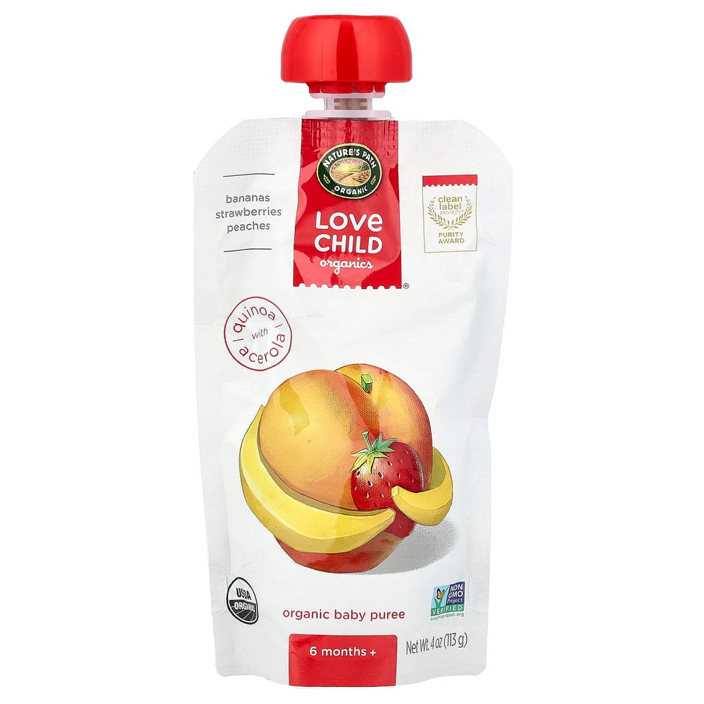 Love Child Organics, Nature's Path, органическое пюре для детей, для детей от 6 месяцев, бананы, клубника, персики, 113 г (4 унции)