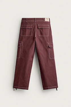 ZARA БРЮКИ КАРГО RELAXED FIT С КОНТРАСТНОЙ ОТСТРОЧКОЙ, БОРДОВЫЙ