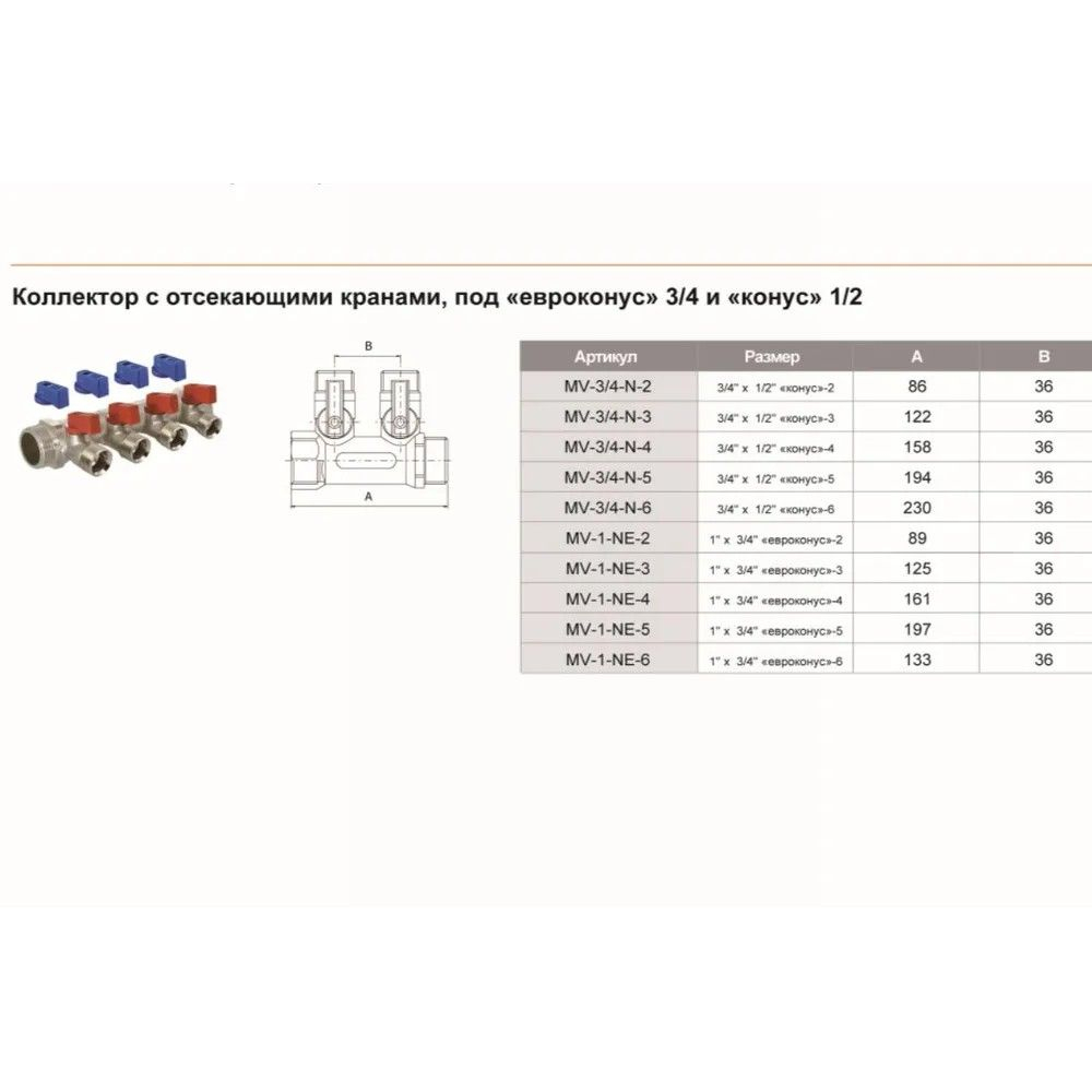 Коллектор с шар кранами 3/4х1/2 евроконус на 4 выхода (MV-3/4-N-4) TIM