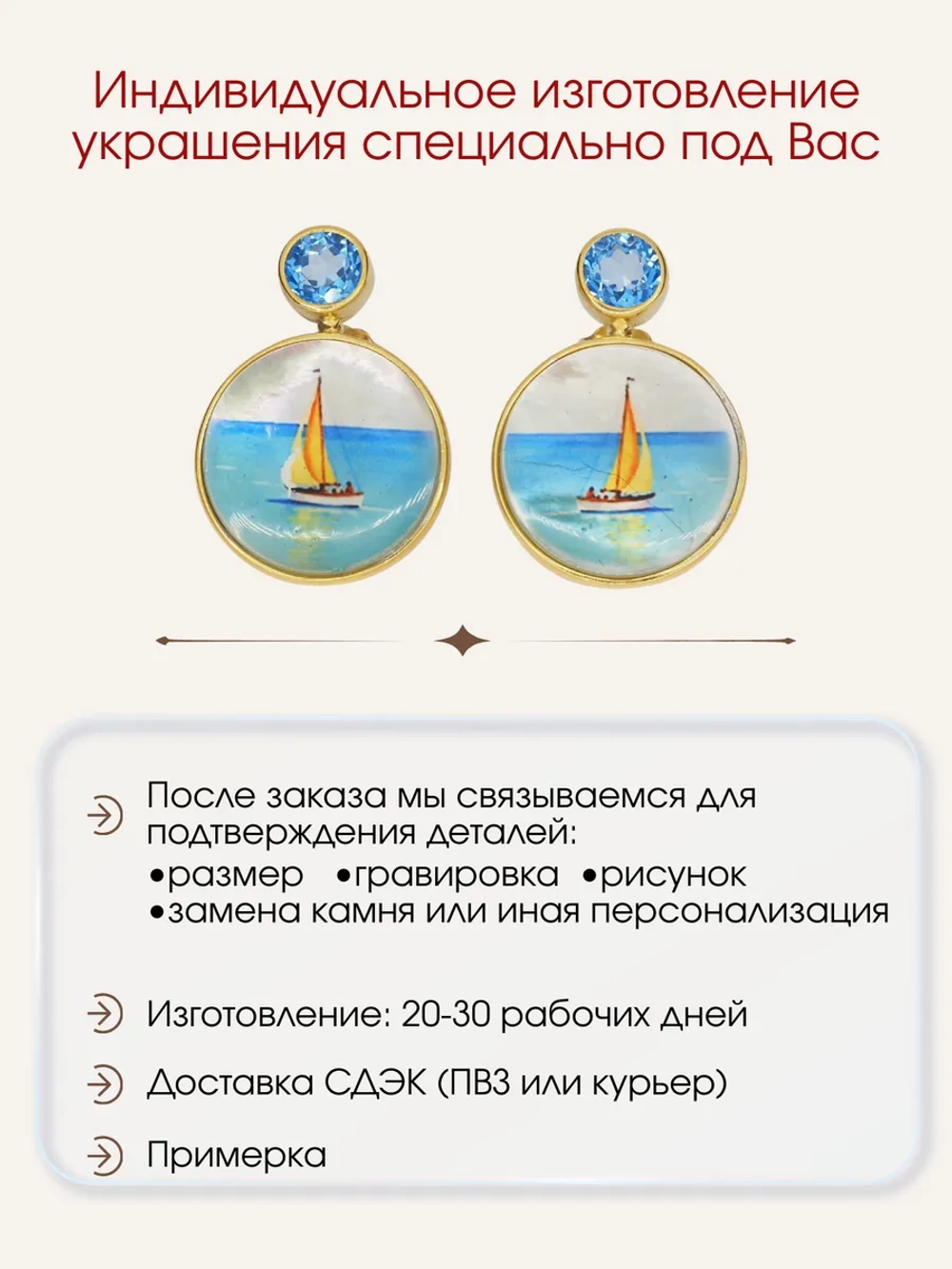 Серьги с морским пейзажем на перламутре, серебро 925