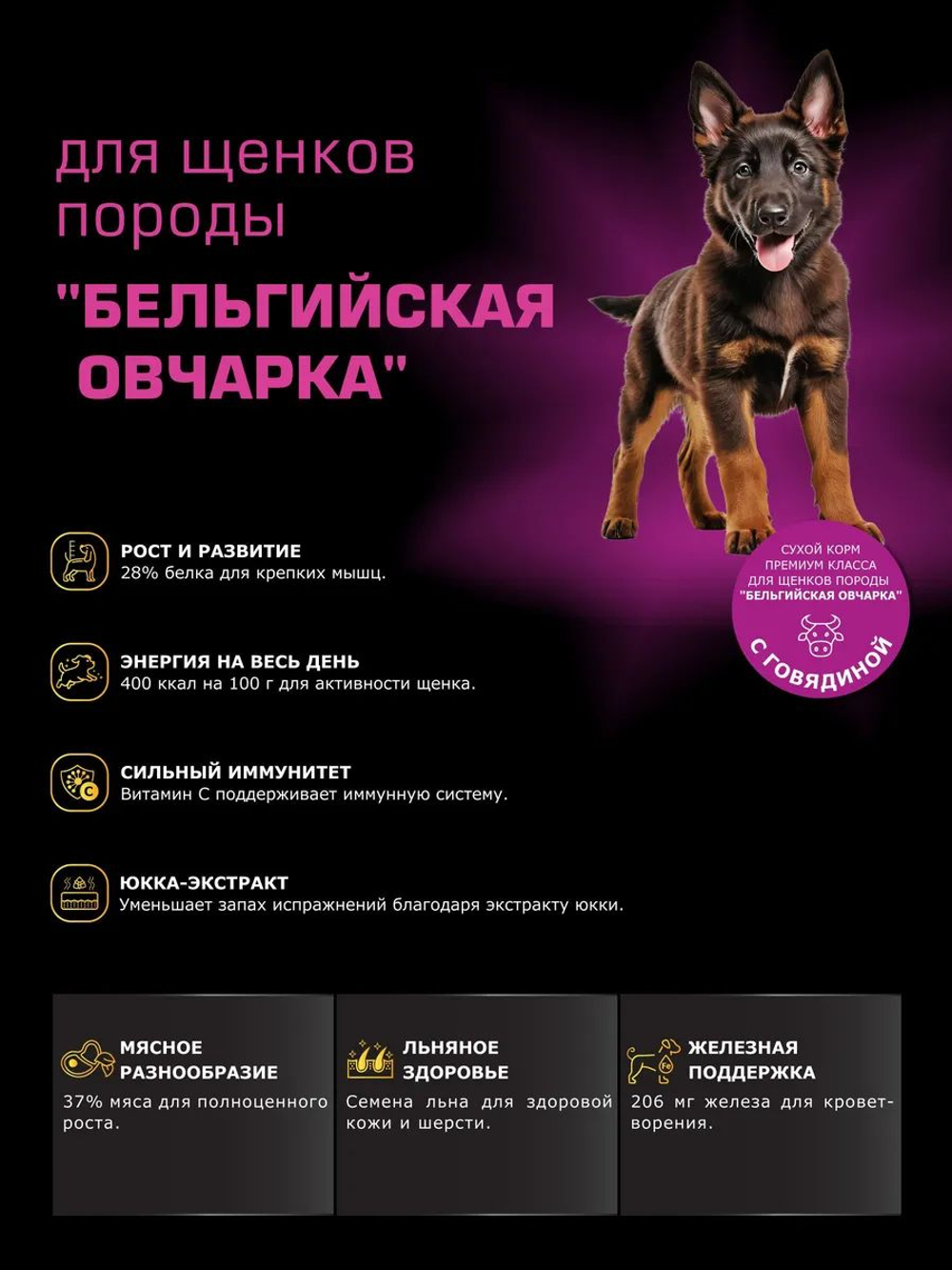 Корм сухой для щенков породы Бельгийская овчарка (Малинуа), с говядиной, 12 кг, QUATTRO