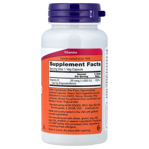 NOW Foods, вегетарианский витамин D в сухой форме, 1000 МЕ, 120 вегетарианских капсул