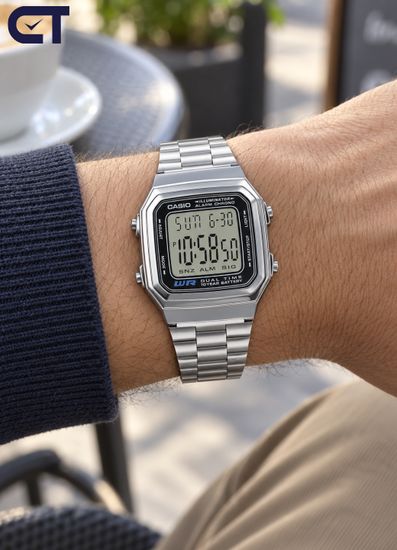 Casio A178WA-1A Vintage часы наручные унисекс — двойное время, стальной браслет и батарейка на 10 лет