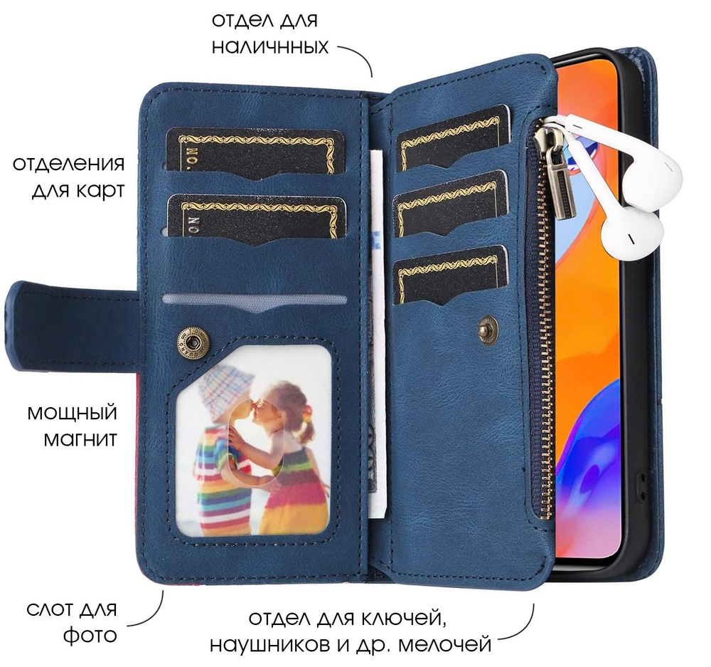 Дизайнерский чехол-книжка из кожи для REALME 9 PRO PLUS / REALME 9 4G (3521) с кошельком, 5 слотами для карт и подставкой