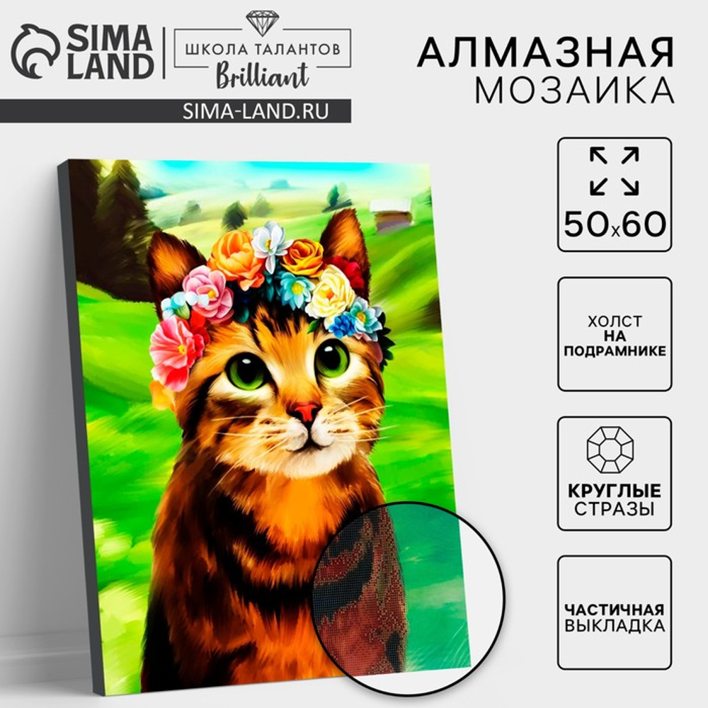 Школа талантов Алмазная вышивка с частичным заполнением "Кот в венке" 50*60 см, на раме, 6384998