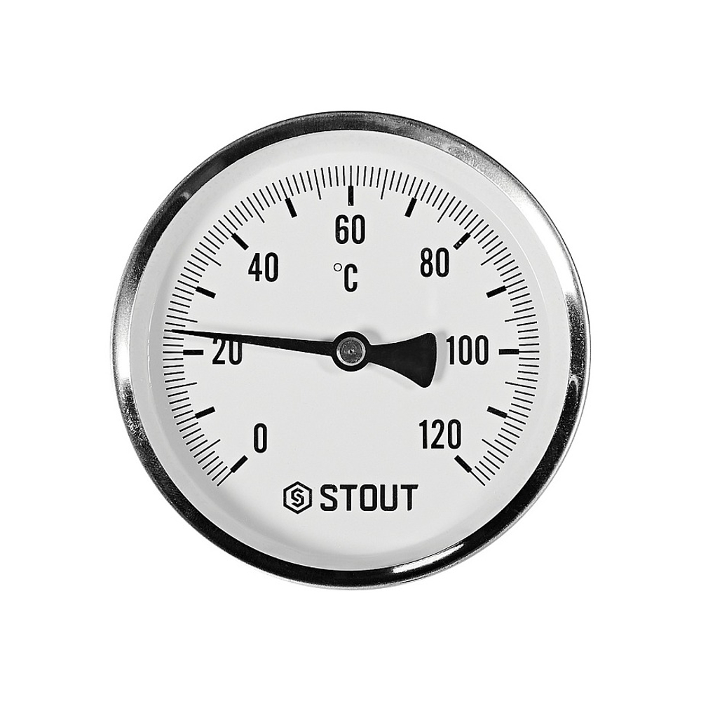 Термометр биметаллический аксиальный STOUT - 1/2" (D100мм, шкала 0-120°C, с гильзой 75 мм)