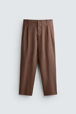 ZARA БРЮКИ RELAXED FIT ИЗ КОНОПЛИ И ХЛОПКА, КОРИЧНЕВЫЙ