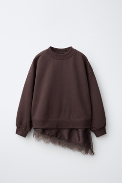 ZARA ТОЛСТОВКА С КРУЖЕВНОЙ ОТДЕЛКОЙ ПО НИЗУ, КОРИЧНЕВЫЙ