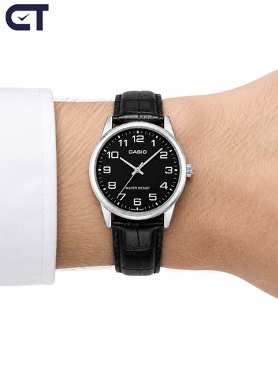 Casio MTP-V001L-1B Standard часы наручные мужские — чёрный циферблат, серебристый корпус и кожаный ремешок