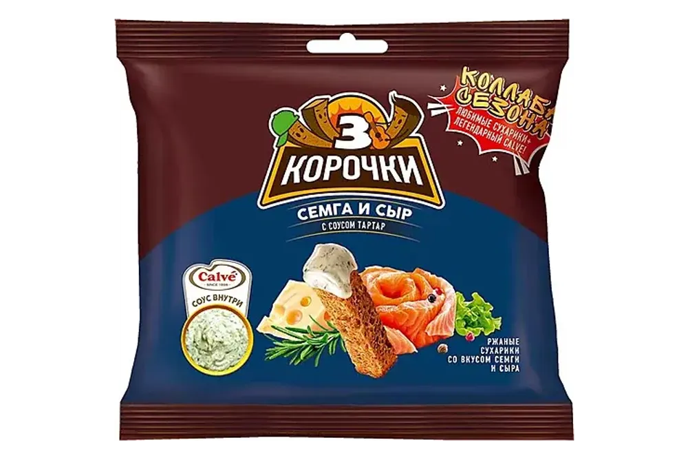 Сухарики Три Корочки ржаные соус 60г+25г сыр-сем тар