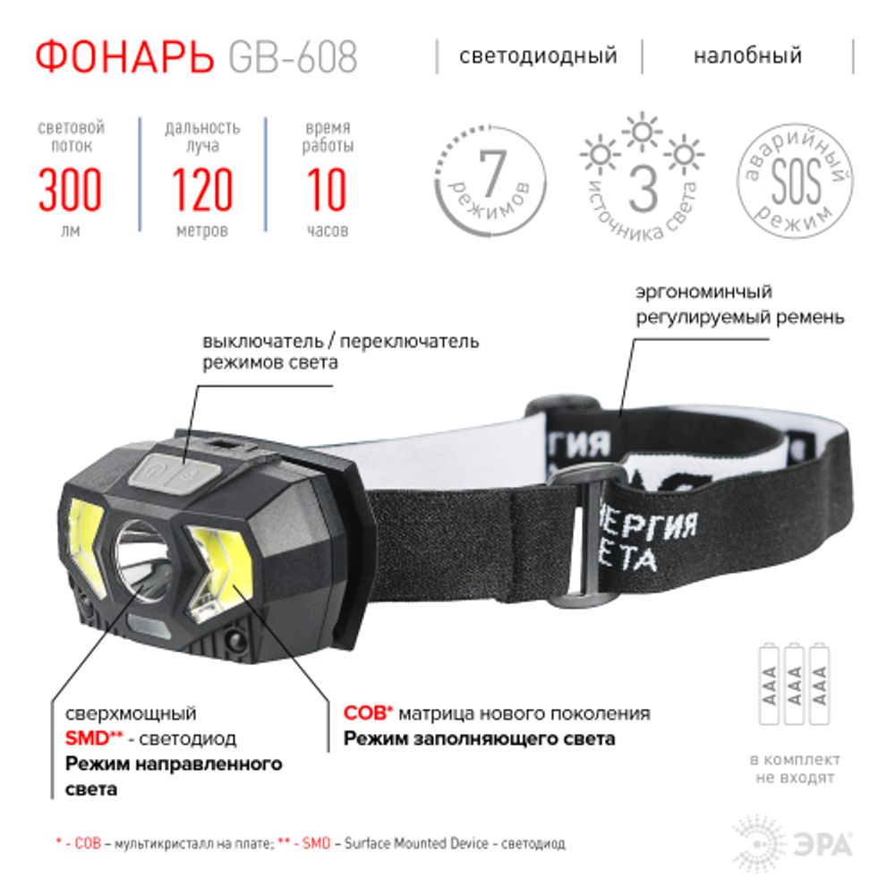 Фонарь налобный светодиодный ЭРА GB-608 на батарейках, 3xAAA, 5Вт, 7 режимов, черный | Налобные фонари