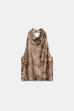 ZARA АТЛАСНЫЙ ТОП С ГОРЛОВИНОЙ ХАЛТЕР И АНИМАЛИСТИЧЕСКИМ ПРИНТОМ, ЛЕОПАРДОВЫЙ