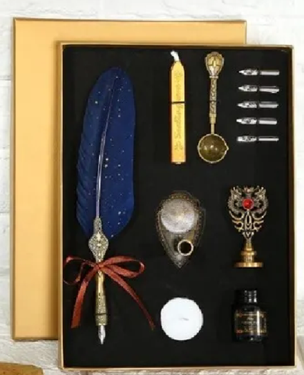 Каллиграфический винтажный набор: ручка, колба для чернил, подставка, 5 сменный насадок, сургуч, печ