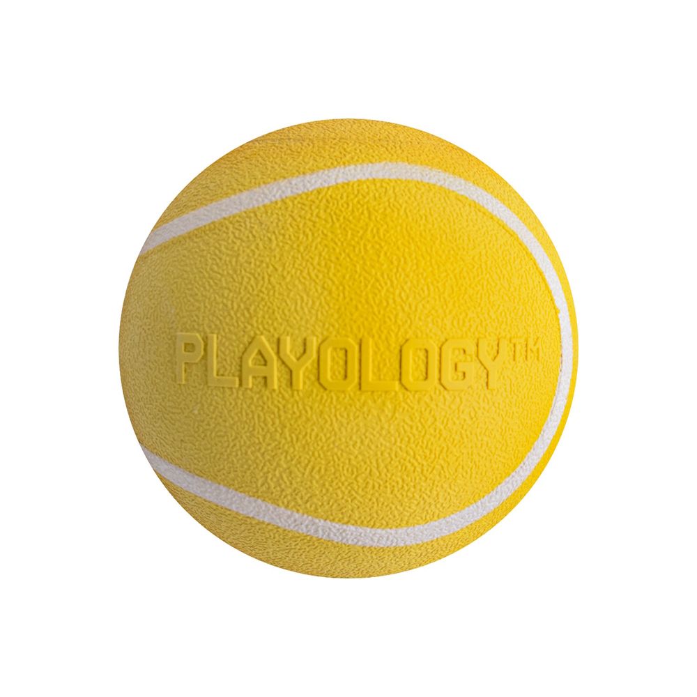 Жевательный мяч Playology SQUEAKY CHEW BALL для собак мелких и средних пород с пищалкой и с ароматом курицы, цвет желтый, 6 см