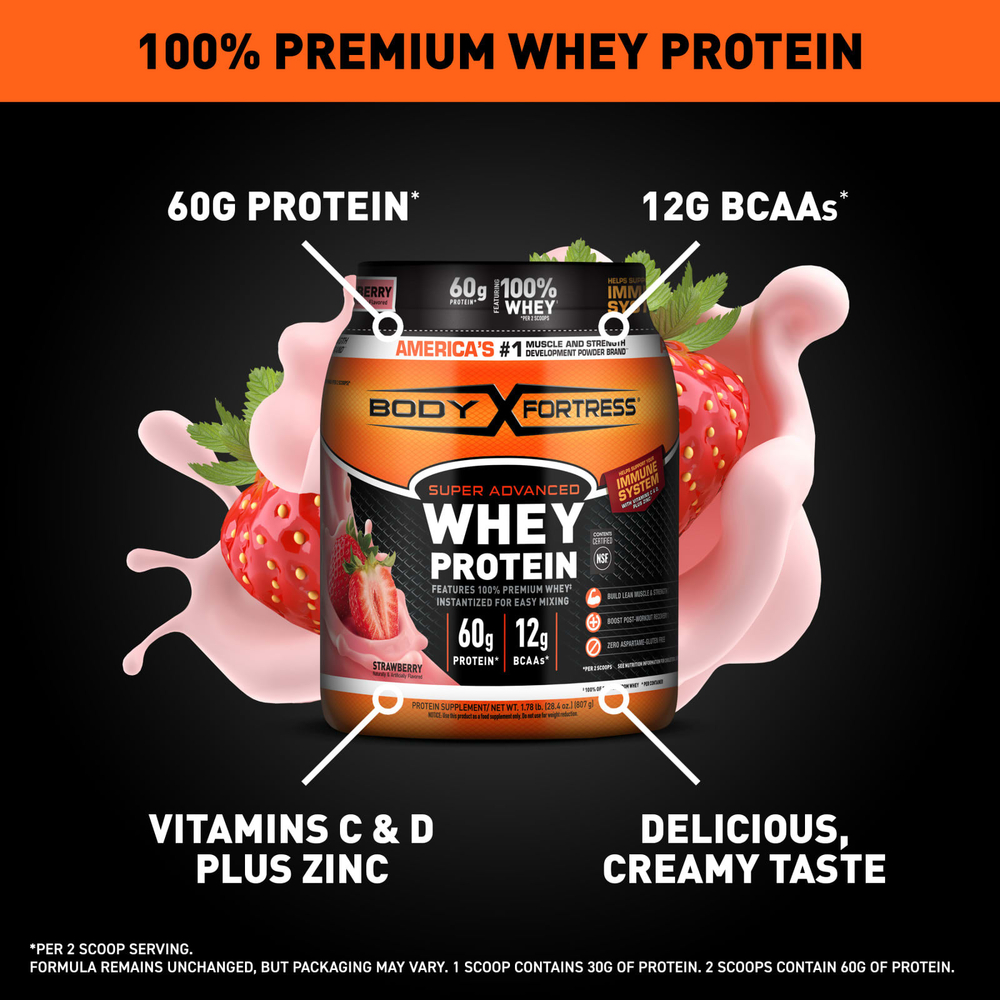Body Fortress, Super Advanced Whey Protein, улучшенный сывороточный протеин, со вкусом клубники, 810 г (1,78 фунта)