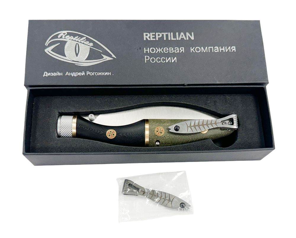 Складной нож Reptilian Траппер-02 ограниченный выпуск, сталь D2, рукоять черный G10/зеленая микарта