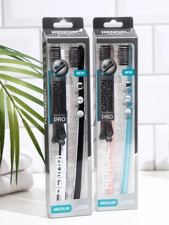Зубная щётка Rendall средней жёсткости, с углем Carbon Bristles, 2 шт. МИКС