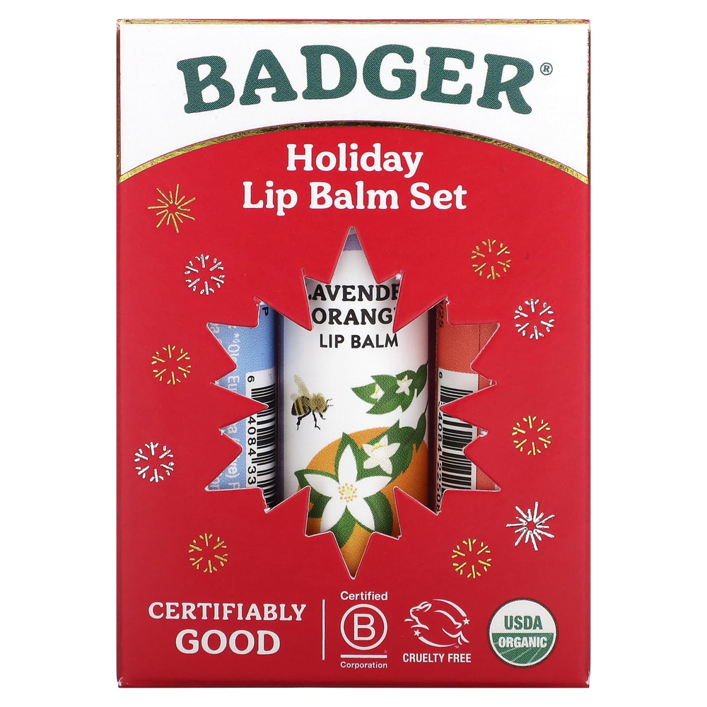 Badger, Праздничный набор бальзамов для губ, красная упаковка, 3 шт. по 4,2 г (0,15 унции)