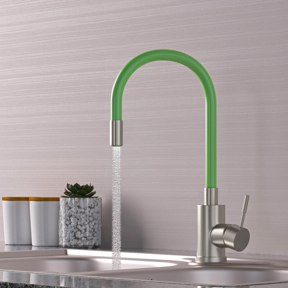 Смеситель для кухни 35k MIXLINE МЛНС-0325 (MLSS-0325) ЗЕЛЕНЫЙ гибкий силиконовый излив,п/гайку САТИН