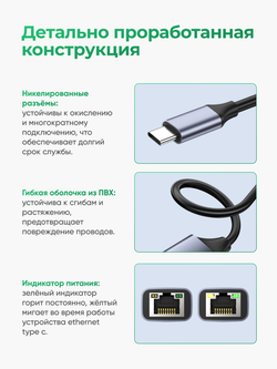 LAN-адаптер Type-C 2.0 VegGieg | Сетевой адаптер RJ45 100 Мбит/с | RTL-8152B | Без драйверов