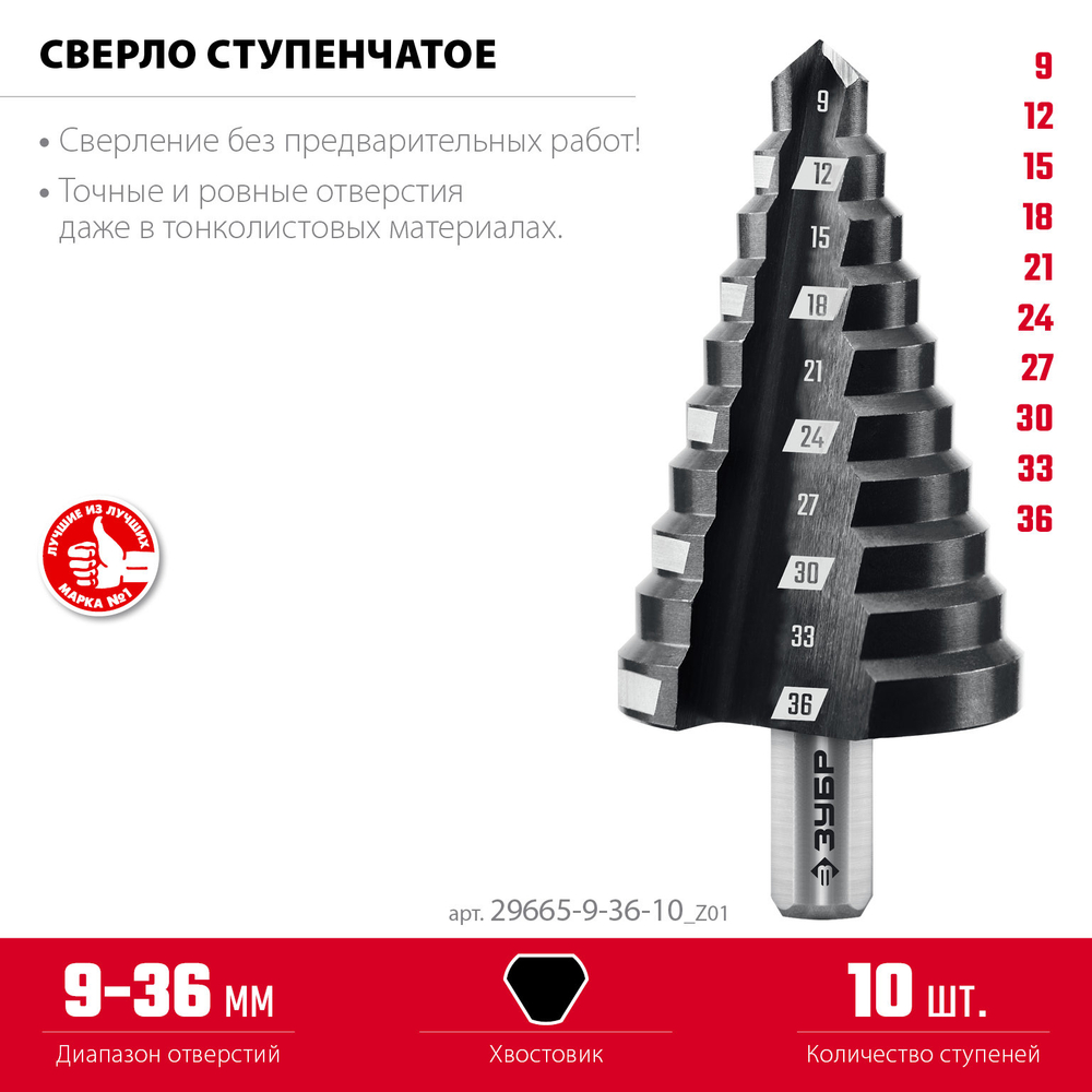 ЗУБР 9-36мм, 10 ступеней, сверло ступенчатое (29665-9-36-10)