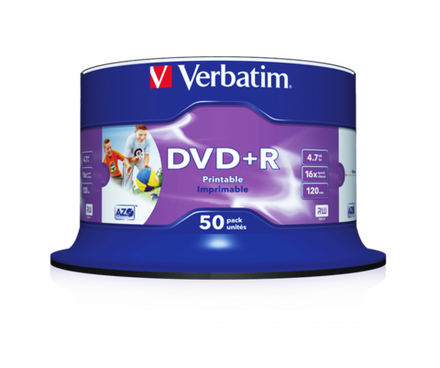 Оптический диск Verbatim DVD+R 4.7GB 16X AZO Wide Inkjet Printable No ID Brand, Spindle, 50 шт