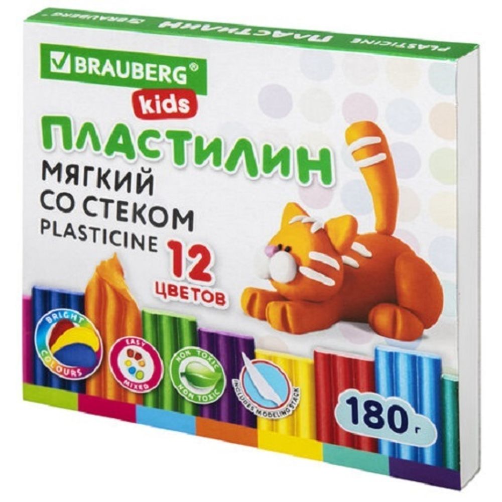 Пластилин 12 цветов Brauberg мягкий восковой 180гр со стеком картон.упак.