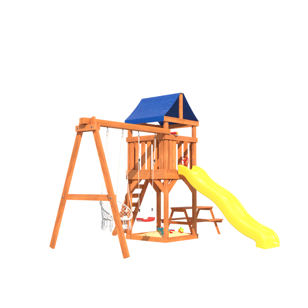 Детская площадка Fun Land с плетенным креслом, горкой и столиком со скамейками