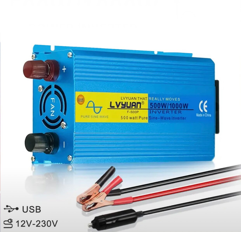 Инвертор 12V-220V 1000W/500W синий чистый синус Lvyuan F-500P
