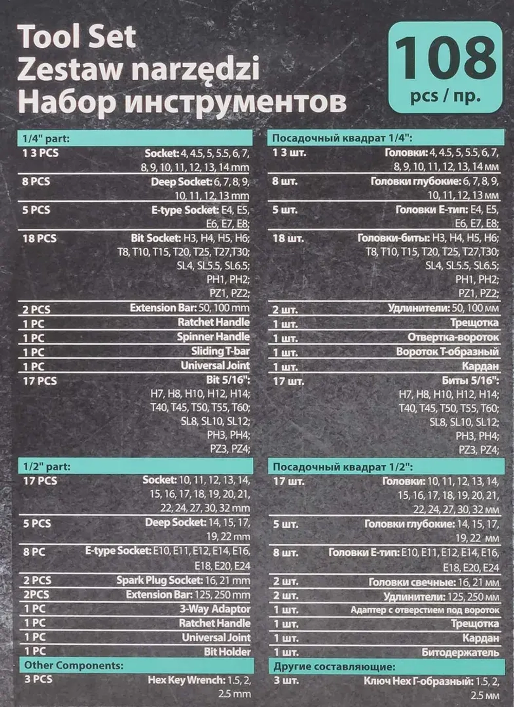 Набор инструментов PROFI 108пр. 1/4'',1/2''(6гр)(4-32мм) MAMEDFORCE MF-41082-5