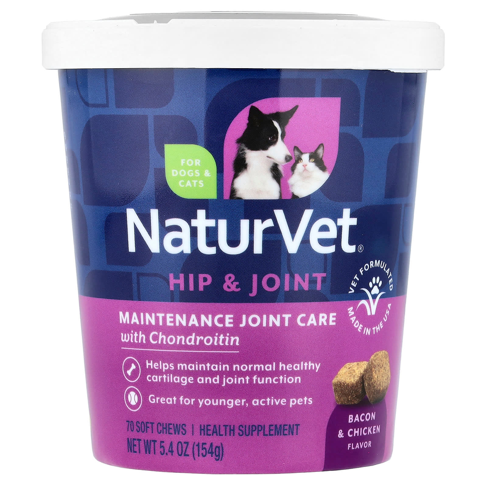 NaturVet, hip & Joint, уход за суставами с хондроитином, для собак и кошек, бекон и курица, 70 жевательных таблеток, 154 г (5,4 унции)