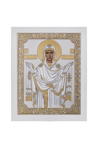 Покрова БМ, икона прямоугольная с рамкой, белое дерево 210х260