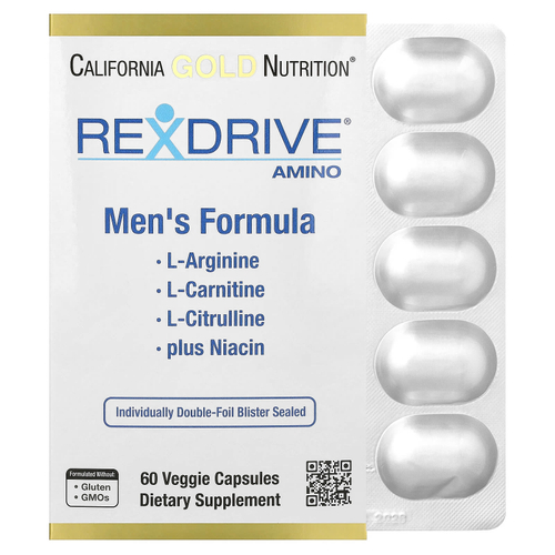 California Gold Nutrition, Rexdrive® Amino, добавка для мужчин с L-аргинина гидрохлоридом, L-цитруллином, ацетил-L-карнитин аргината дигидрохлоридом и глицин пропионил-L-карнитина гидрохлоридом, 60 растительных капсул