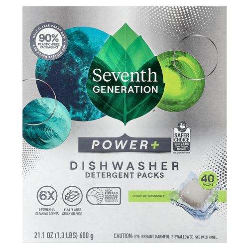 Seventh Generation, Пакеты с моющим средством Power + для посудомоечной машины, Fresh Citrus, 40 упаковок, 600 г (21,1 унции)