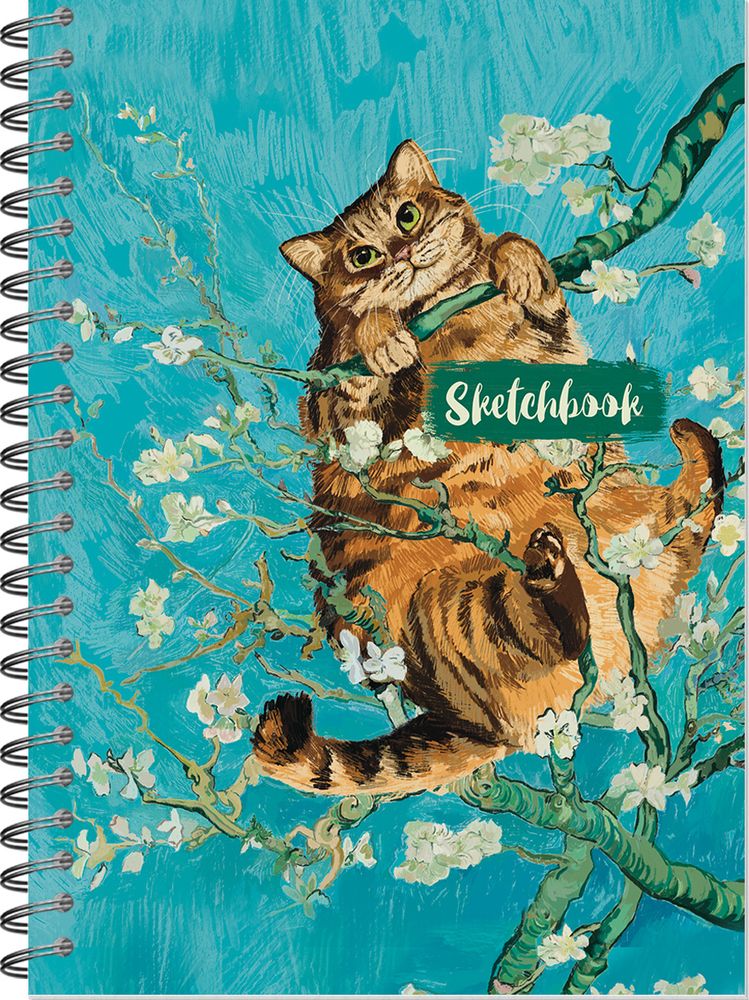 Блокнот для зарисовок SKETCHBOOK А5 с жесткой обложкой 60л. "Кот и цветущий миндаль. Ван Гог"
