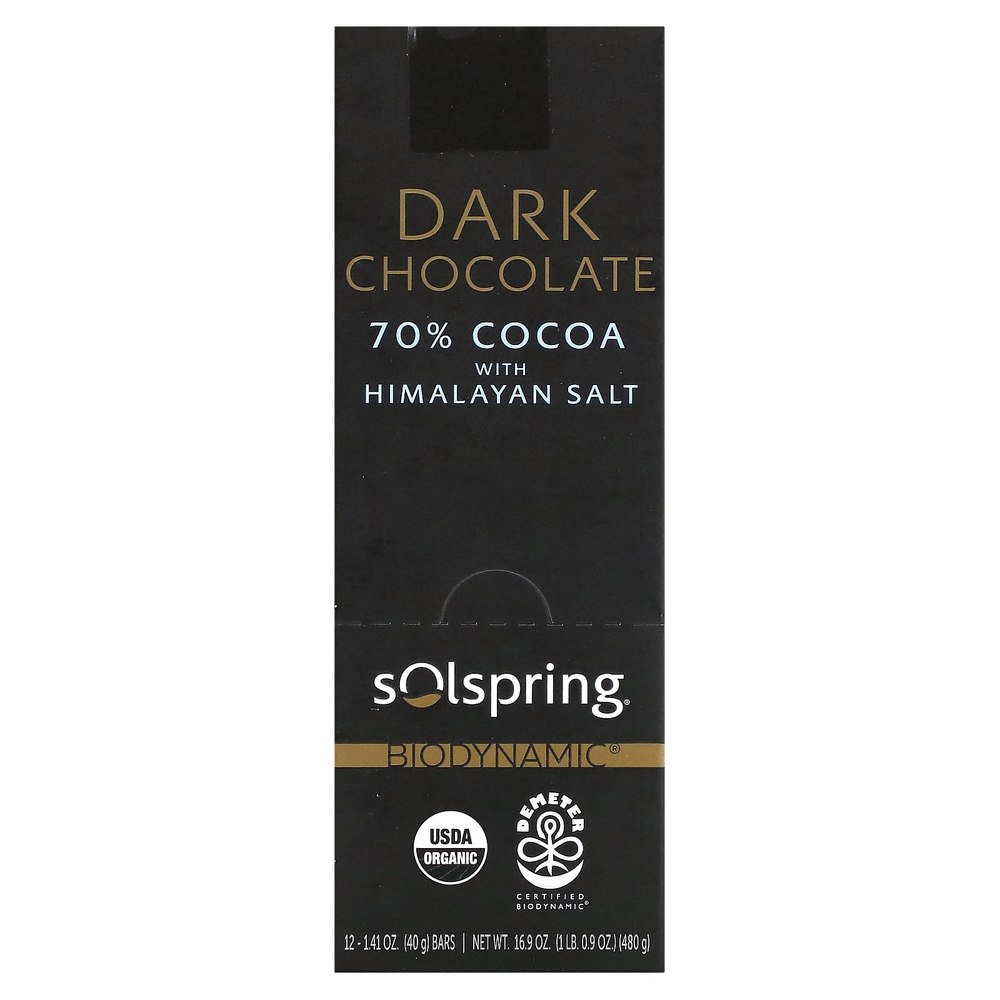 Dr. Mercola, Solspring®, Biodynamic®, темный шоколад, 70% какао с гималайской солью, 12 плиток по 40 г (1,41 унции)