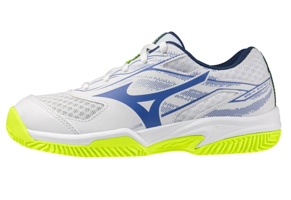 Детские теннисные кроссовки Mizuno Break Shot 5 Jr. CC - white/dazzling blue/light yellow