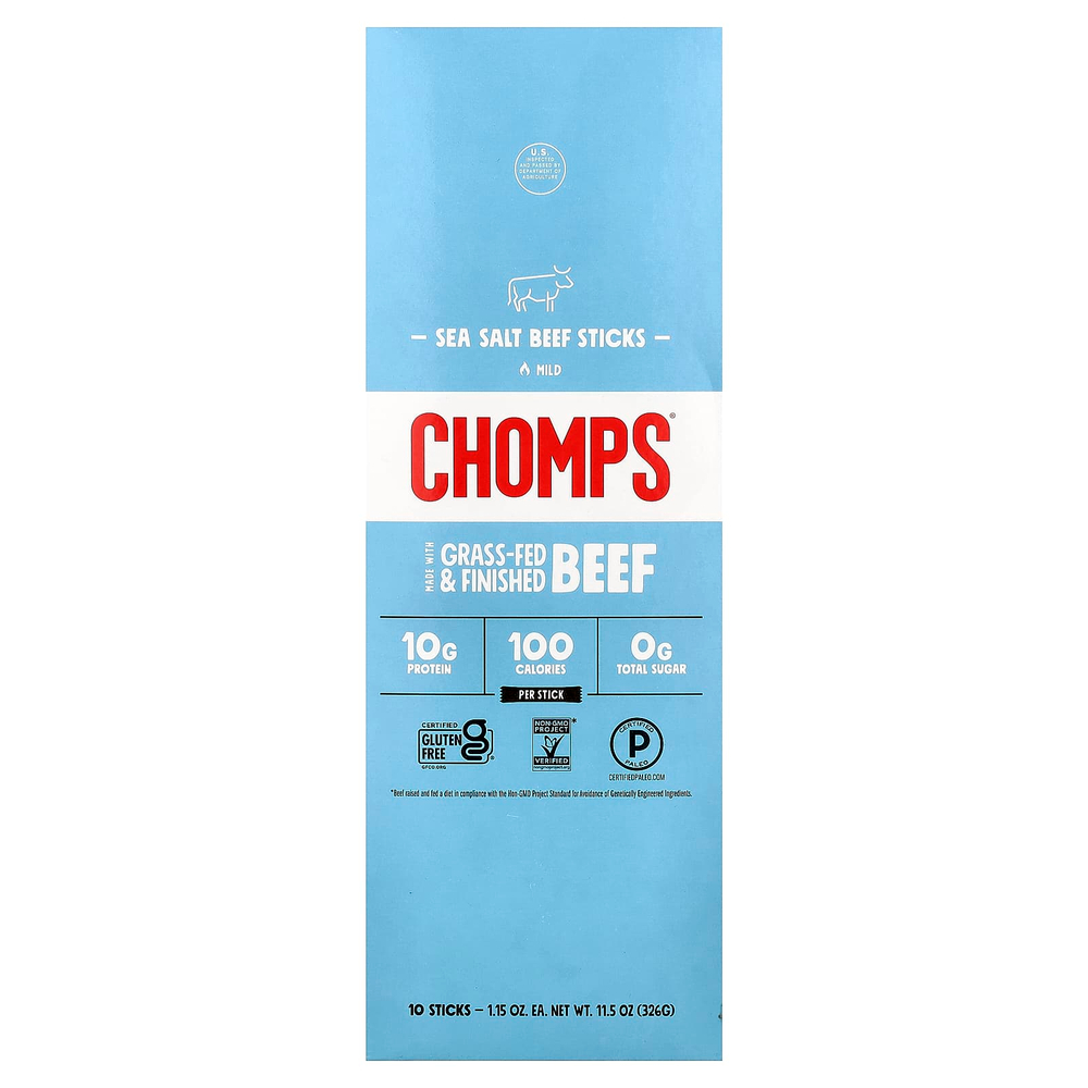 Chomps, Beef Sticks, Mild, Sea Salt, 10 Pack, 1.15 oz (32 g) Each