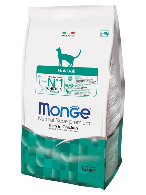 Сухой корм Monge Hairball для выведения шерсти у кошек, курица рис, 1.5 кг