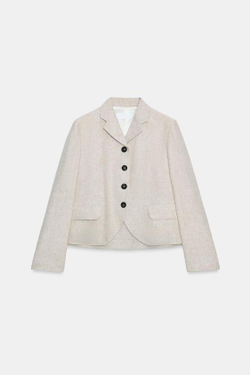 ZARA ПРЯМОЙ БЛЕЙЗЕР ИЗ СМЕСОВОГО ЛЬНА С ВЫТАЧКАМИ, ПЕСОЧНЫЙ МЕЛАНЖ